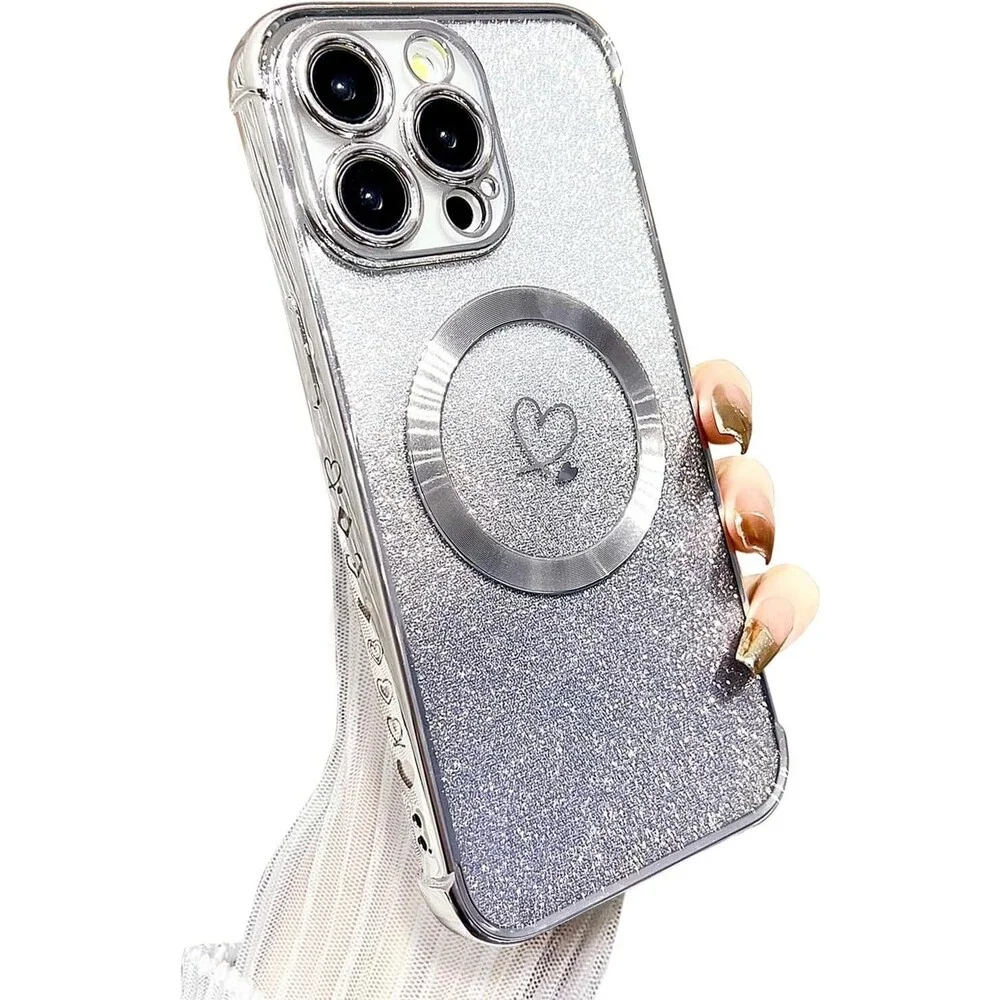 iPhone 15 Pro Max Case Magnetic Soft Cute Luxury Love Heart Silver MagSafe Clear
